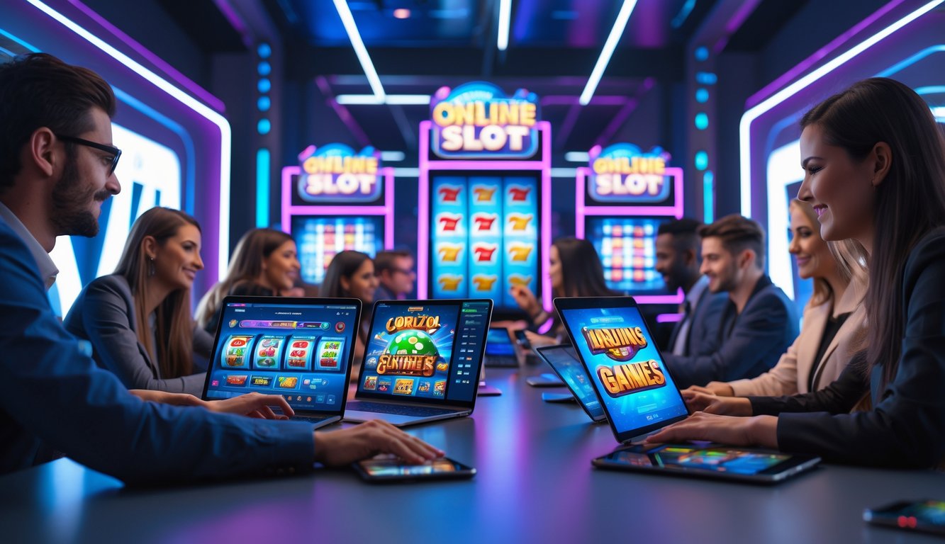 Sejumlah orang menggunakan perangkat digital untuk bermain game slot online dengan latar belakang modern dan berwarna-warni.