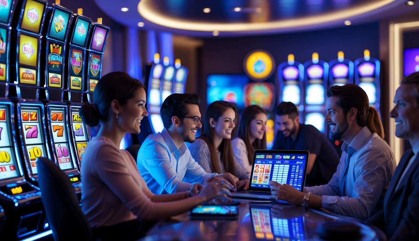 Beberapa orang bermain mesin slot digital di ruangan kasino modern dengan suasana cerah dan penuh semangat.