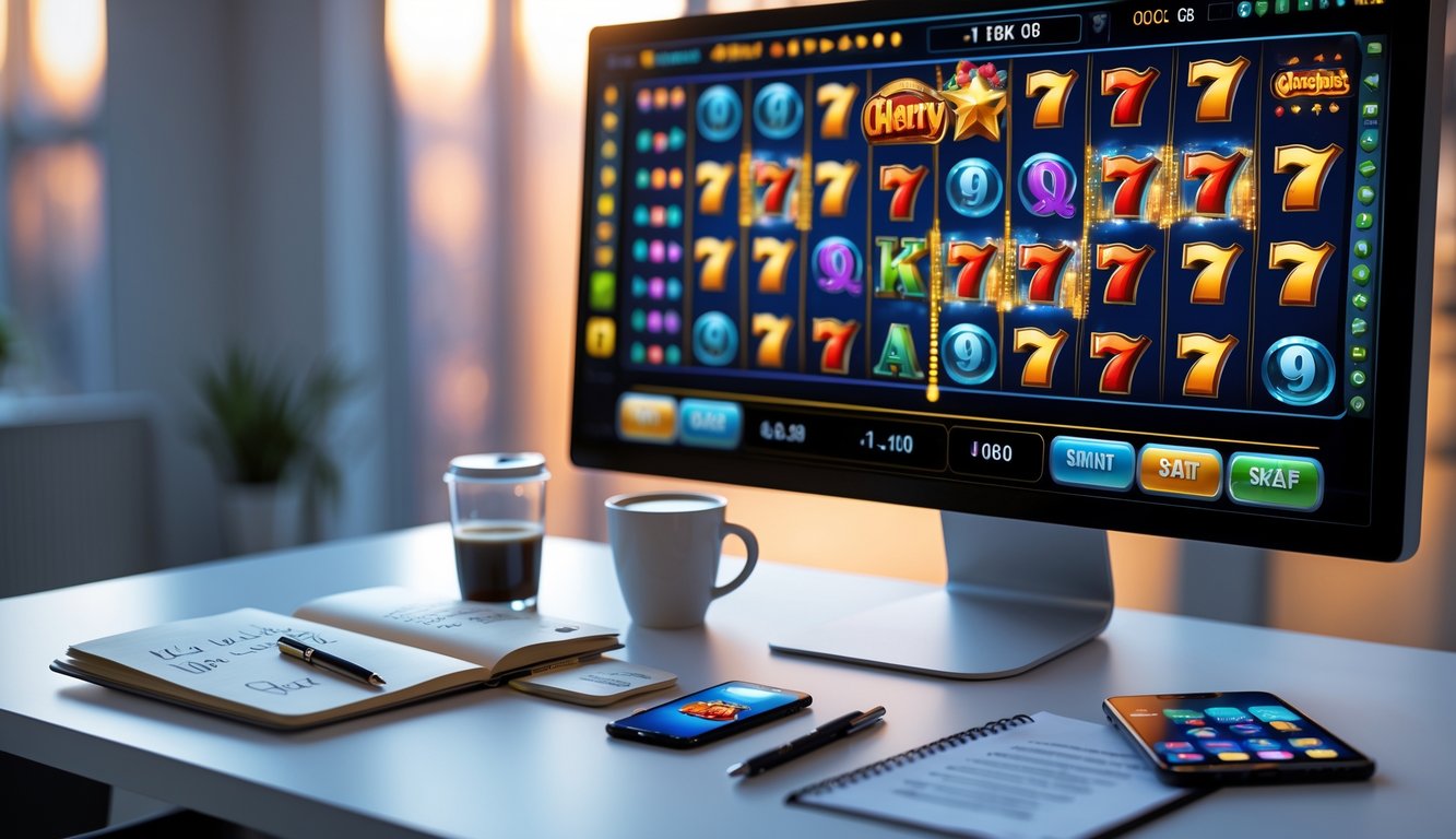 Meja kerja modern dengan komputer yang menampilkan permainan slot online, buku catatan dengan catatan, dan ponsel dengan aplikasi permainan slot.
