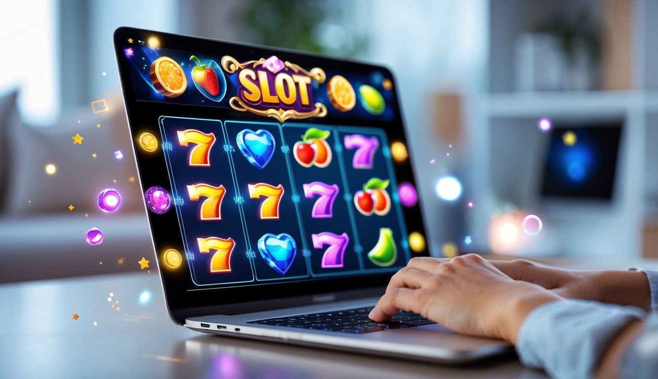 Seorang pengguna bermain permainan slot online di komputer dengan grafik warna-warni dan suasana ruang kerja yang nyaman.