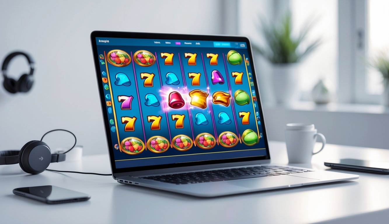 Layar laptop menampilkan permainan slot online modern dengan latar ruang kerja minimalis dan beberapa perangkat teknologi di sekitar.