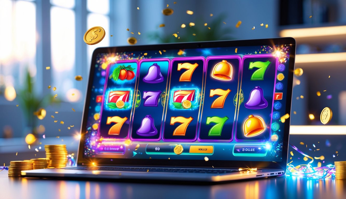 Seorang pengguna bermain mesin slot online di komputer dengan grafik warna-warni dan koin yang berkilauan di sekitarnya.