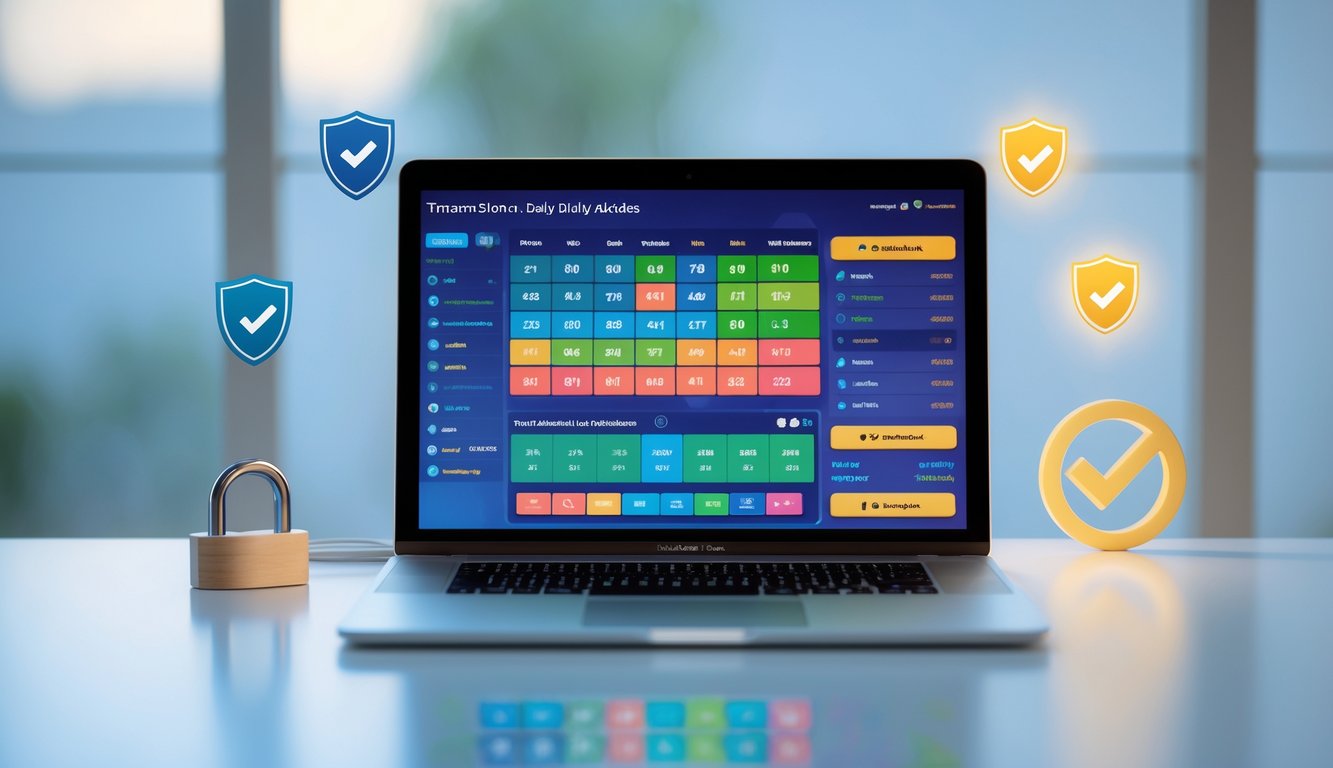 Seorang pengguna menggunakan laptop di meja kerja yang menampilkan dashboard lotere online dengan ikon keamanan di sekitar.