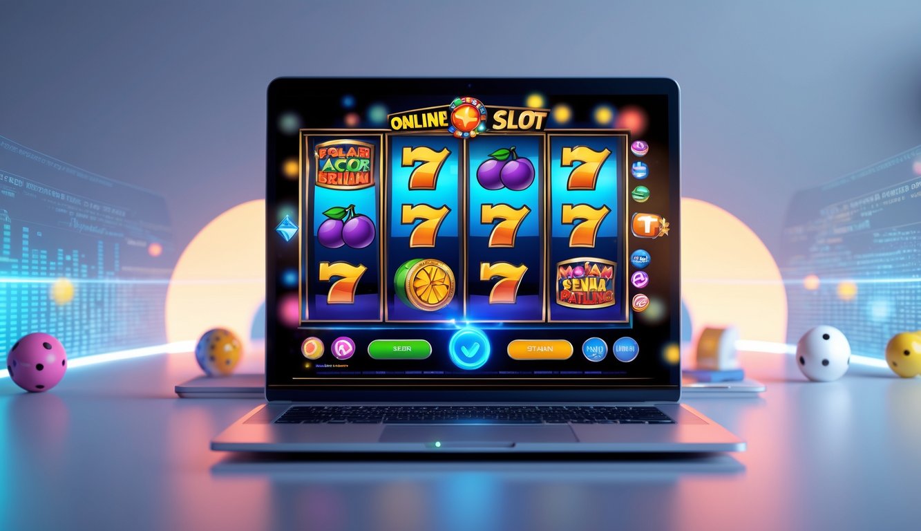Sebuah komputer menampilkan layar mesin slot online dengan simbol warna-warni, dikelilingi elemen digital abstrak yang menunjukkan pola kemenangan terbaru.