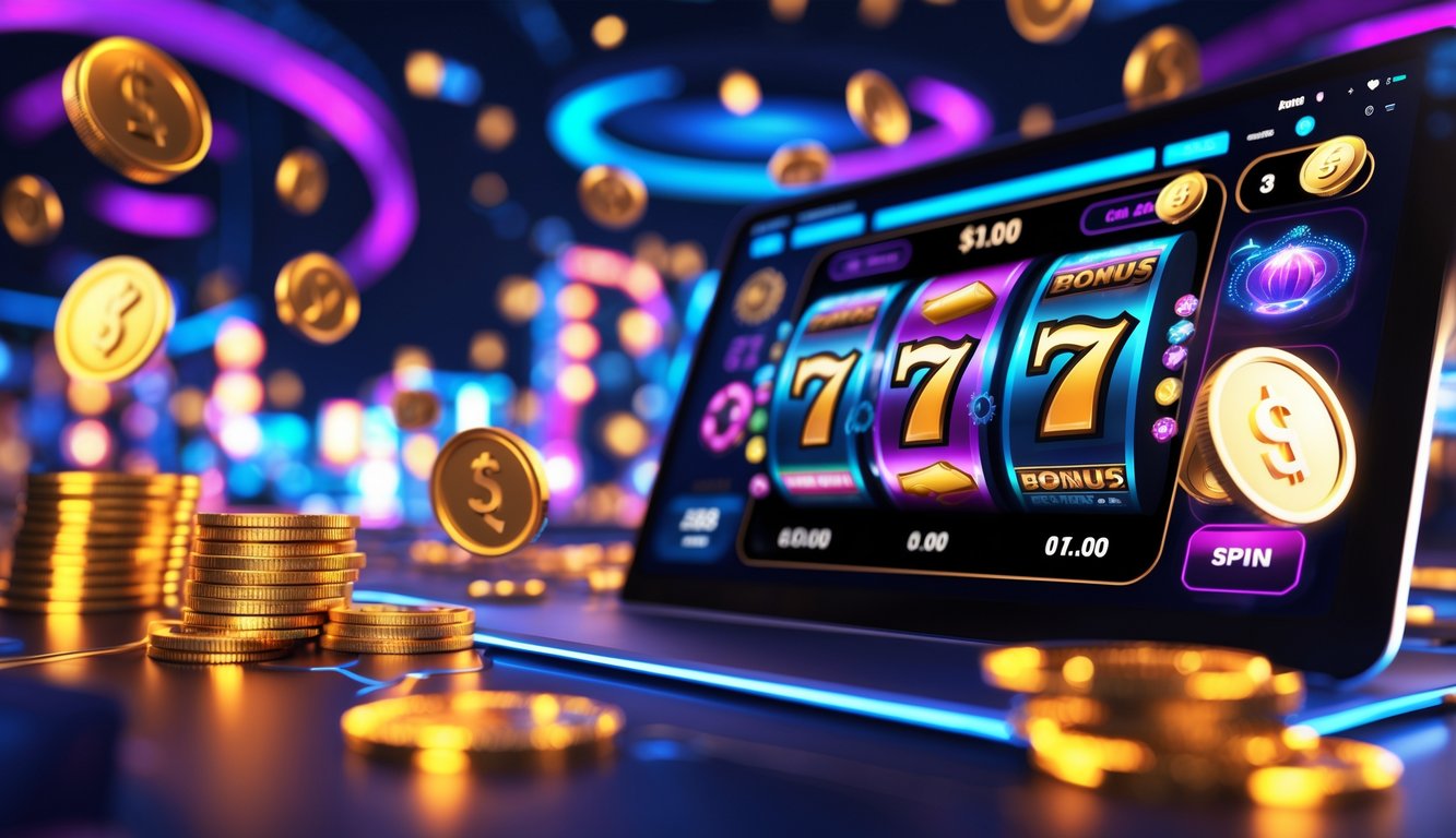 Tampilan antarmuka permainan slot online dengan gulungan berputar, koin emas, dan ikon bonus yang menarik.