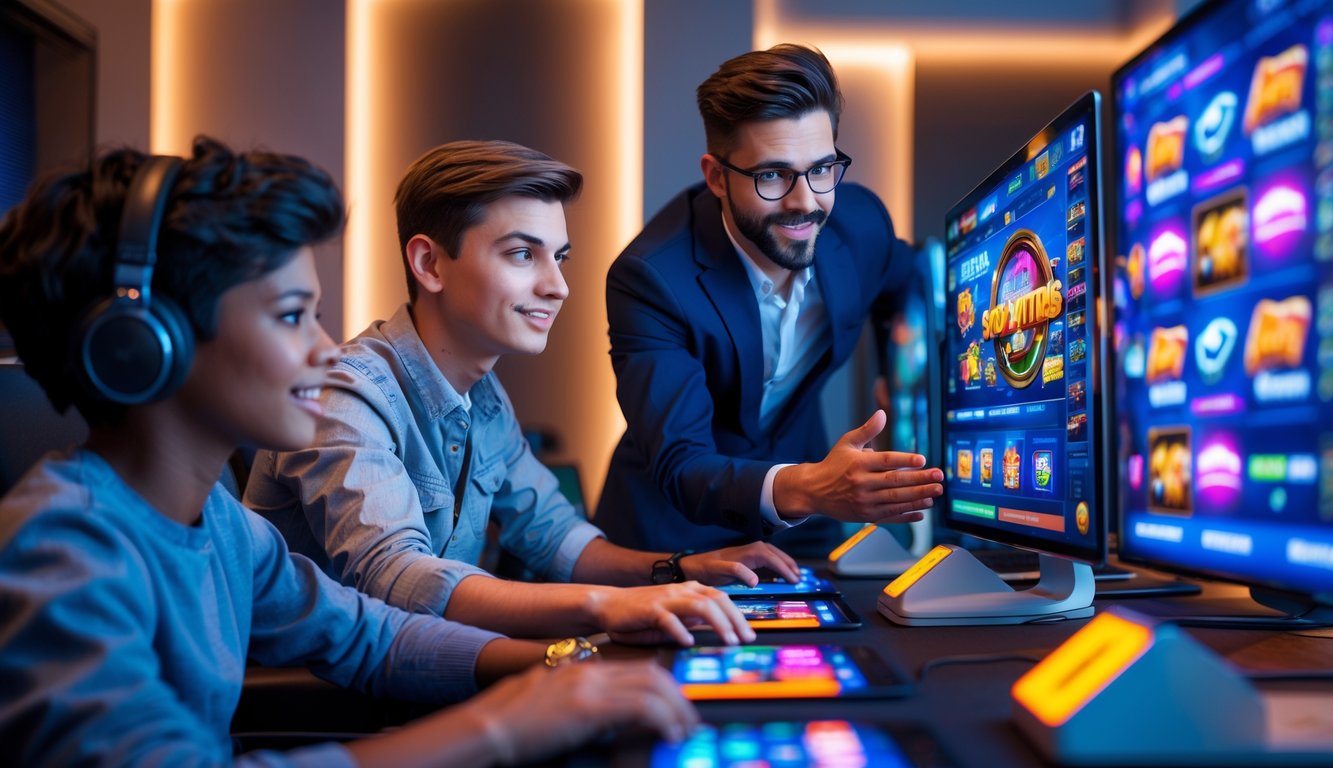 Sekelompok orang bermain dan berdiskusi di depan layar komputer dengan permainan slot online yang berwarna-warni.