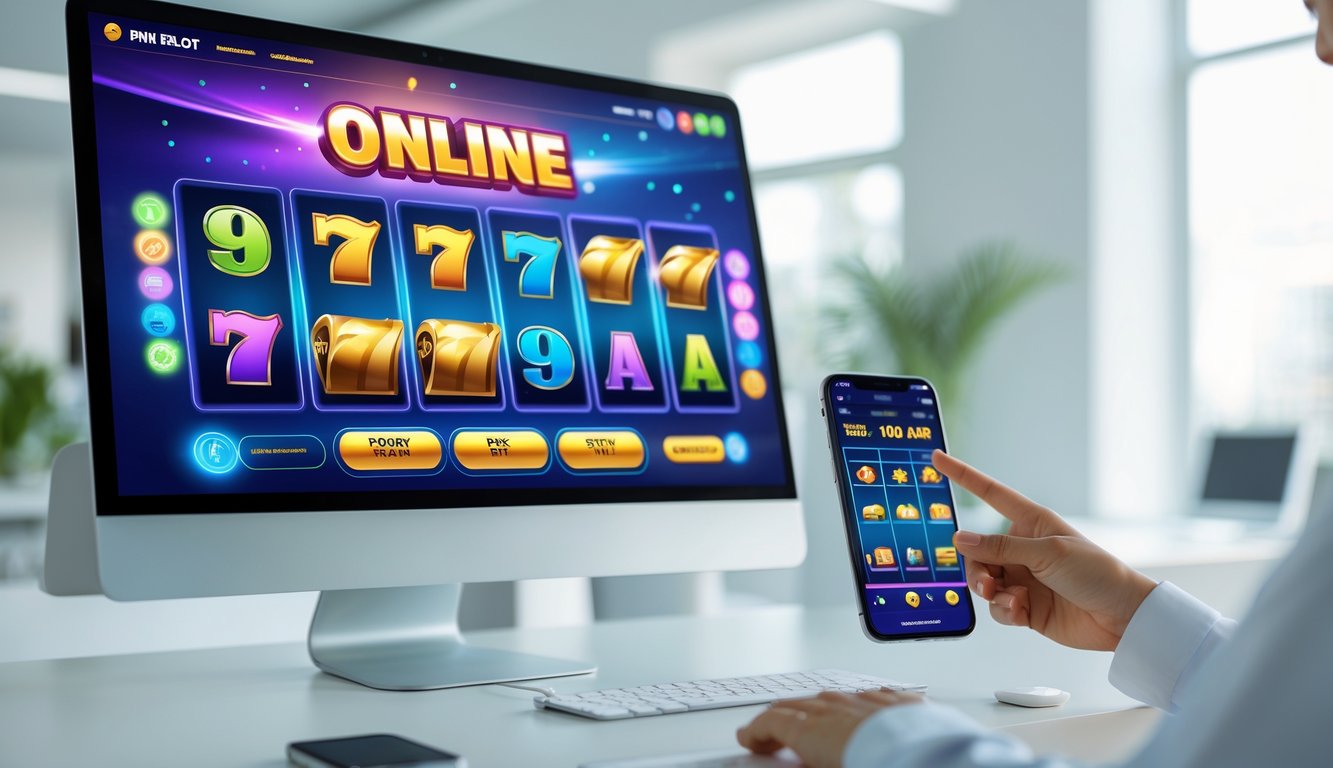 Seseorang menggunakan komputer dan ponsel dengan tampilan permainan slot online yang modern dan mudah digunakan.