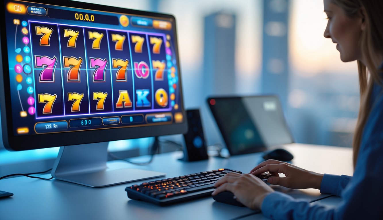 Seorang pengguna sedang bermain permainan slot online di komputer dengan tampilan layar penuh warna dan lingkungan yang rapi.