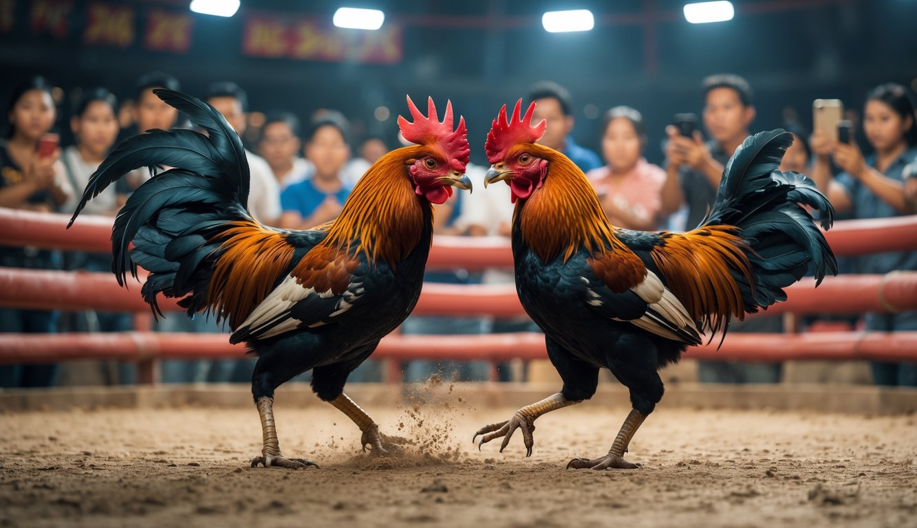 Dua ayam jago bertarung di arena sabung ayam dengan penonton yang menonton dan menggunakan perangkat digital.