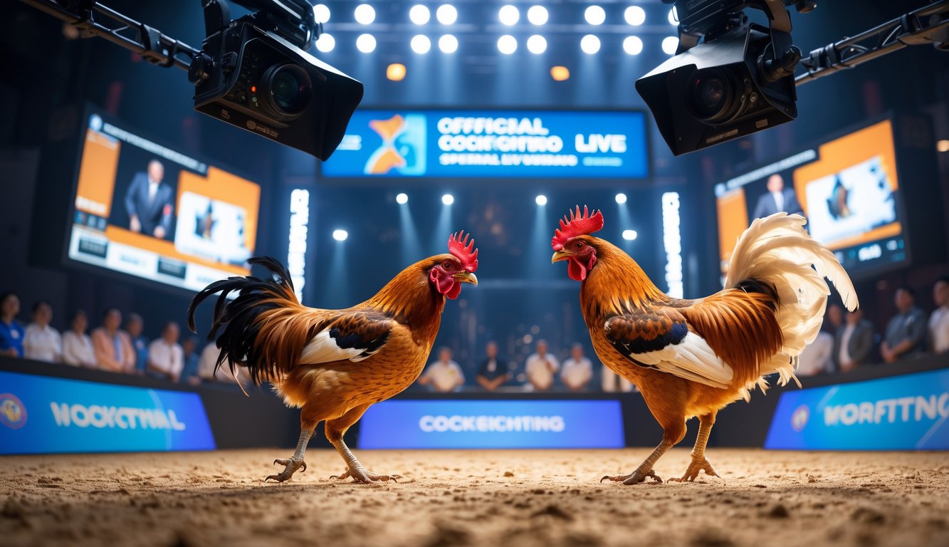 Dua ayam aduan sedang bertarung di arena dengan penonton yang menonton melalui layar besar.
