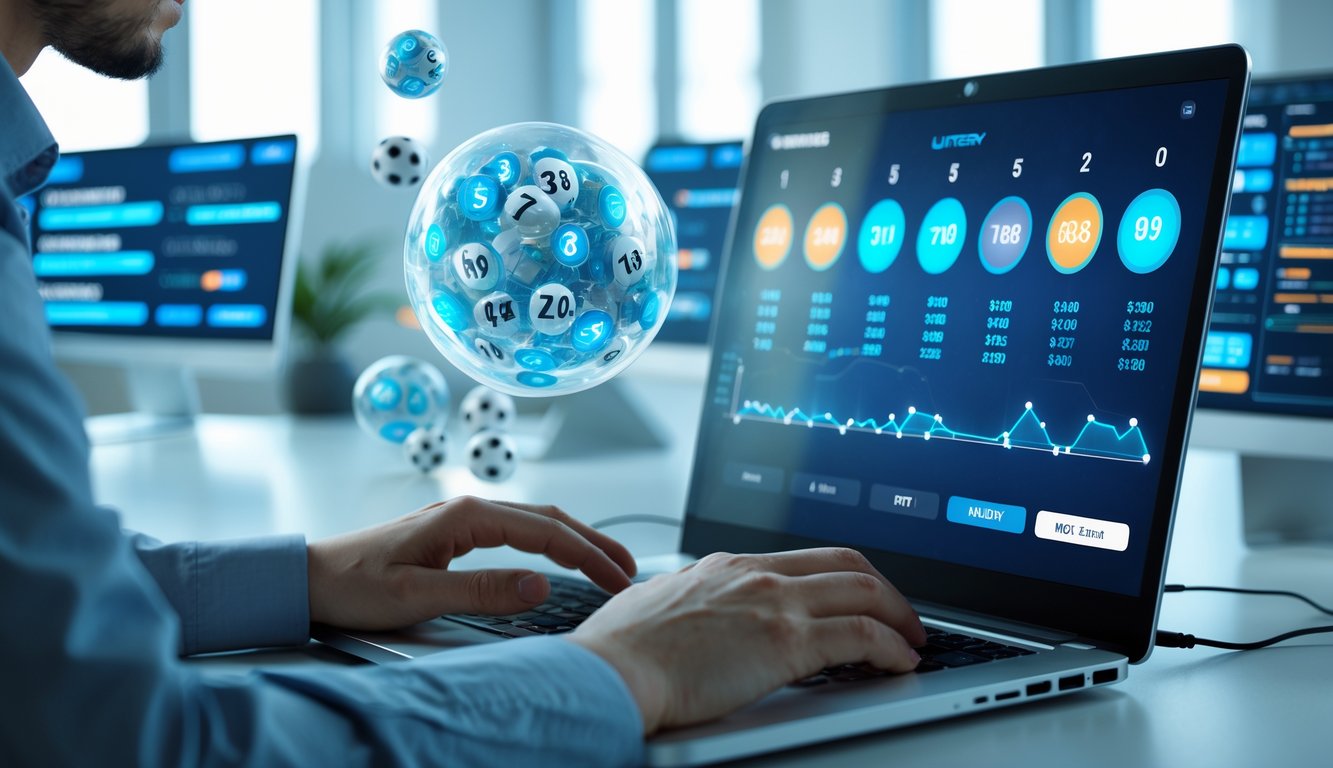 Seseorang menggunakan laptop dengan tampilan undian langsung dan data statistik di lingkungan kantor modern.