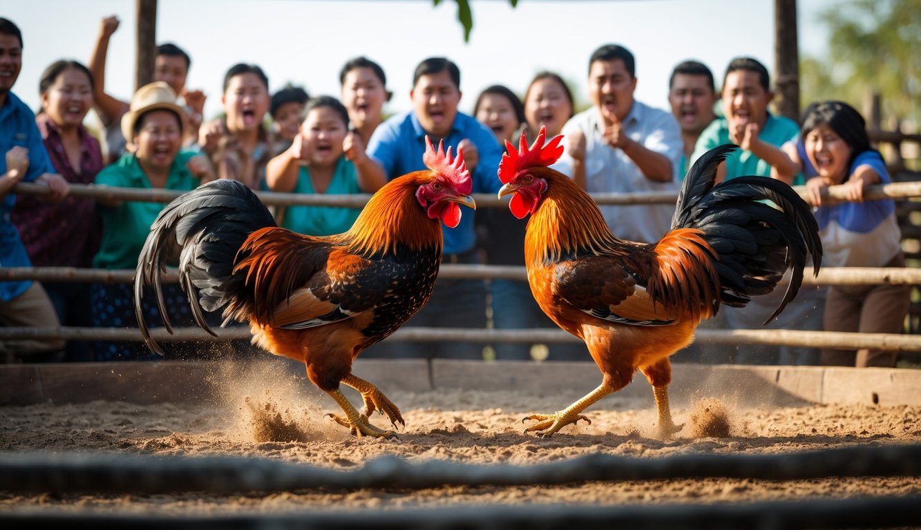Dua ayam jago sedang bertarung di arena dengan penonton yang antusias mengelilingi mereka.