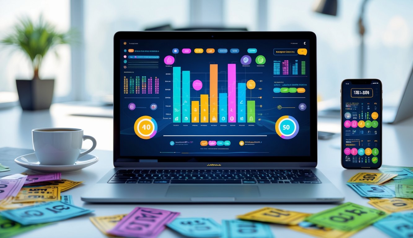 Meja kerja modern dengan laptop yang menampilkan grafik dan pola angka, tiket lotere, smartphone dengan aplikasi lotere, dan secangkir kopi.