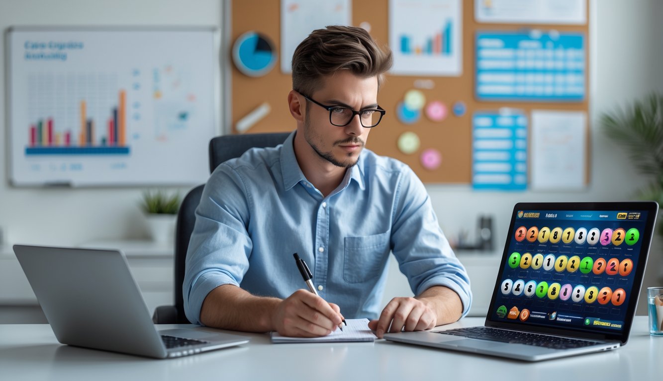 Seorang pria muda sedang duduk di meja dengan laptop dan ponsel, fokus menganalisis data dan membuat catatan di ruang kerja yang rapi.