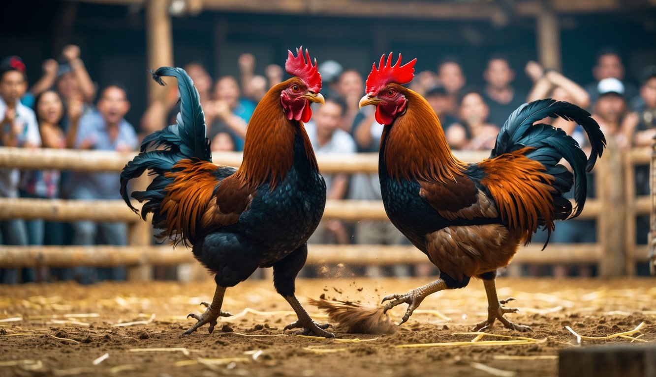 Dua ayam jago sedang bertarung di arena dengan penonton di latar belakang.