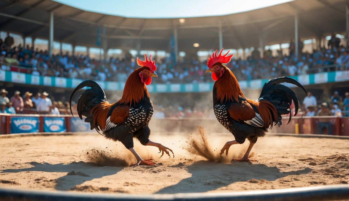 Dua ayam aduan sedang bertarung di arena dengan penonton mengelilingi mereka.
