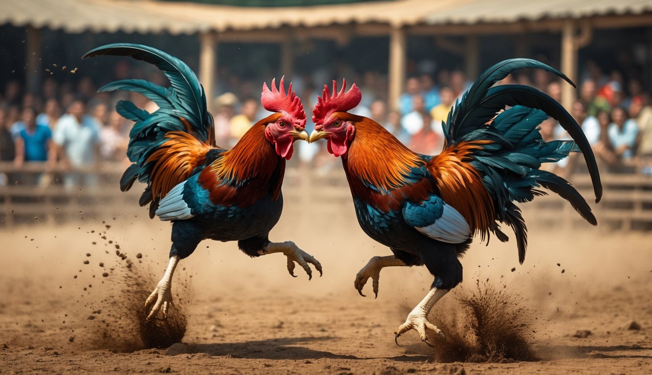 Dua ayam jago sedang bertarung di arena terbuka dengan penonton di latar belakang.
