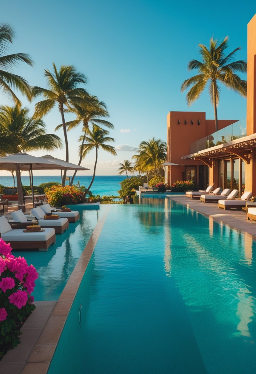 Vue d'un hôtel de luxe au Mexique avec piscine à débordement, palmiers et océan turquoise en arrière-plan.