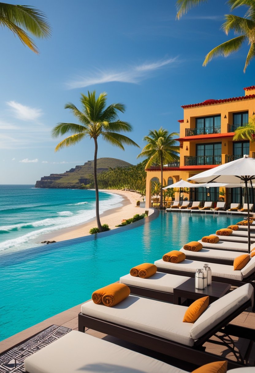 Un hôtel de luxe au Mexique avec une grande piscine à débordement, une plage tropicale et des palmiers sous un ciel bleu.
