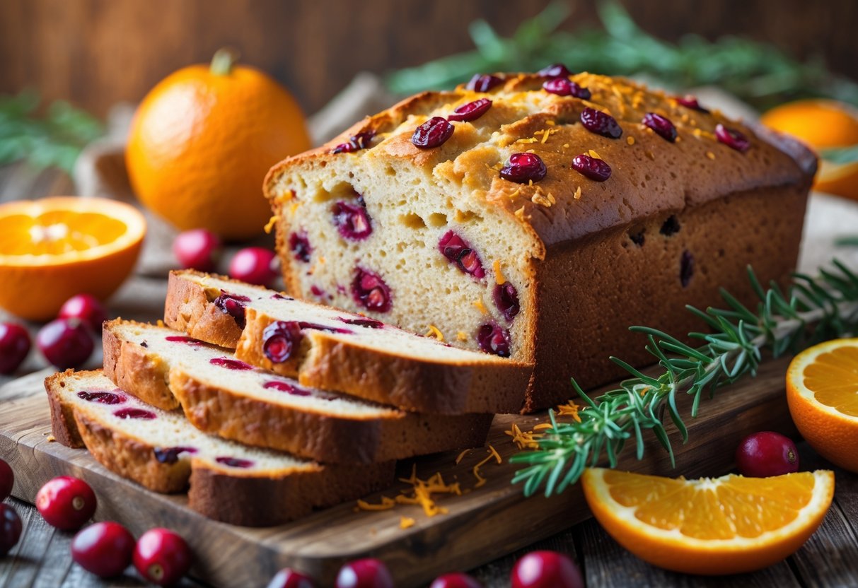 A loaf of cranberry orange bread with slices on a wooden board, surrounded by fresh cranberries and oranges.