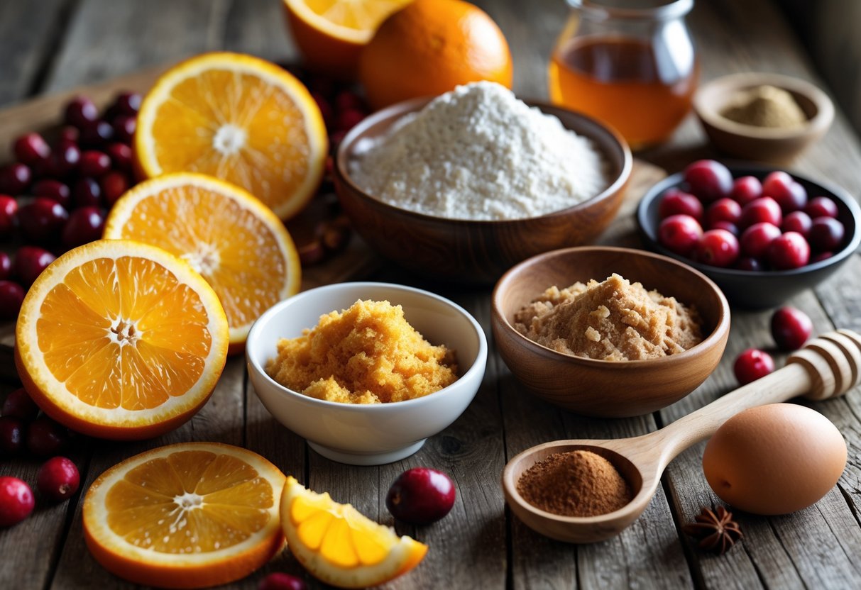 A close-up of fresh cranberries, orange slices, flour, brown sugar, eggs, and spices arranged on a wooden table for baking cranberry orange bread.