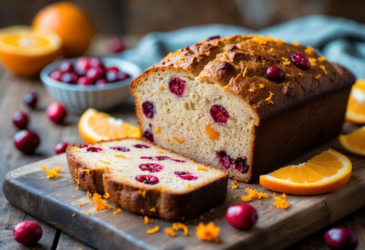 A sliced loaf of cranberry orange bread on a wooden board with fresh cranberries and orange slices around it.