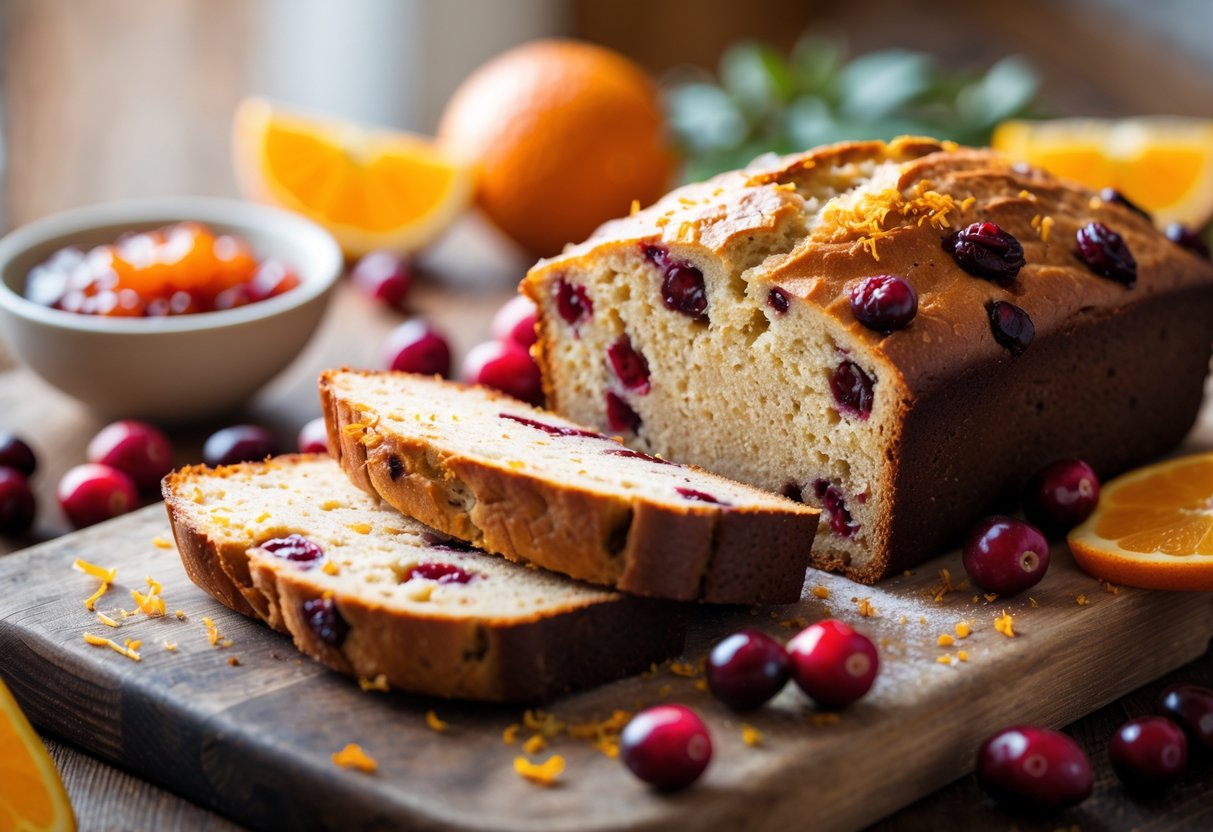 A sliced cranberry orange bread loaf on a wooden board with fresh cranberries and orange slices nearby.