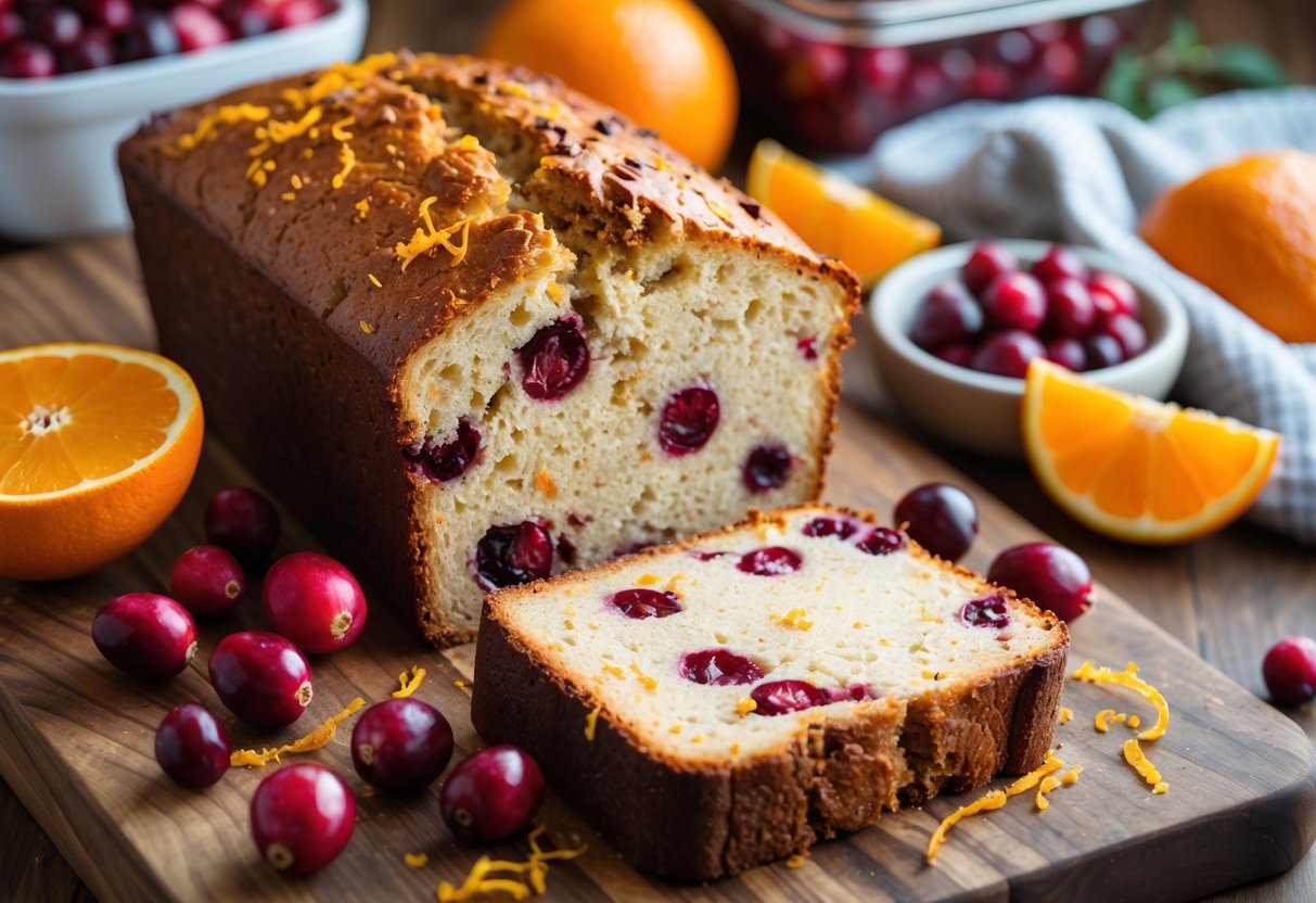 A sliced loaf of cranberry orange bread on a wooden board with fresh cranberries, orange slices, and a bowl of marmalade nearby, along with a freezer container and kitchen towel in the background.