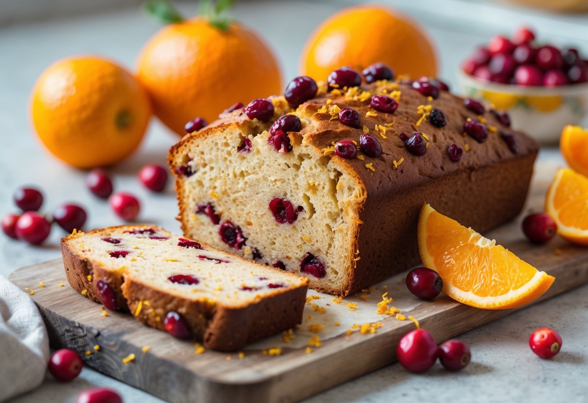 A sliced cranberry orange bread loaf on a wooden cutting board surrounded by fresh cranberries, oranges, and a bowl of orange marmalade.
