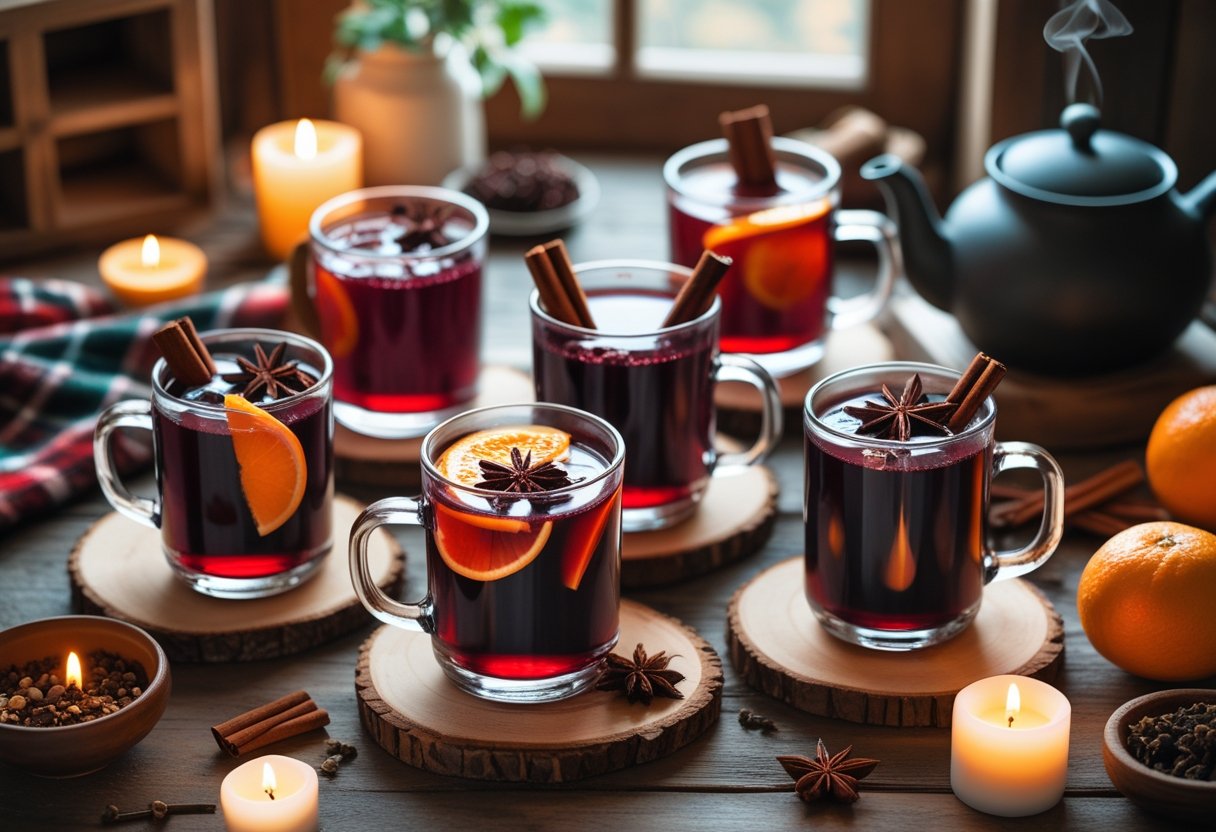 Six glasses of mulled wine with various garnishes arranged on a wooden table surrounded by spices, citrus fruits, and candles in a warm indoor setting.