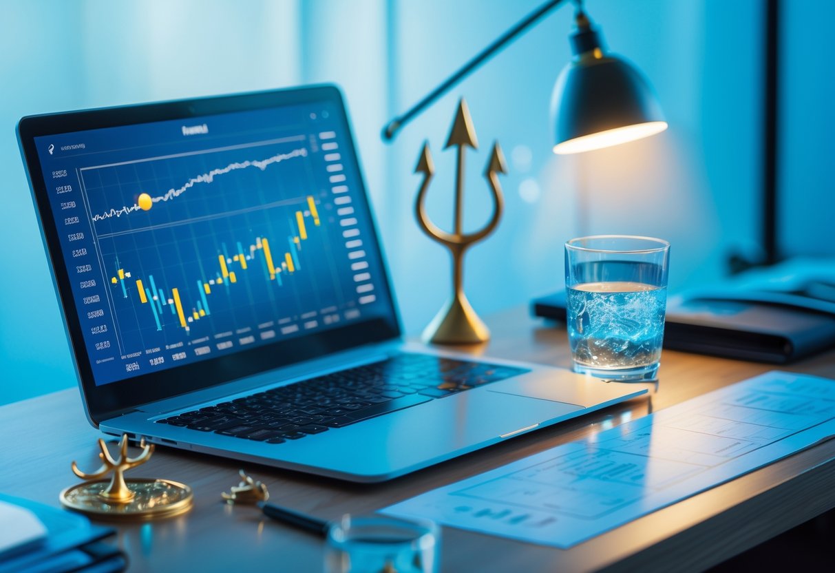 Современное рабочее место с ноутбуком, на котором отображаются финансовые графики, стаканом воды и небольшой фигуркой трезубца Нептуна на деревянном столе.
