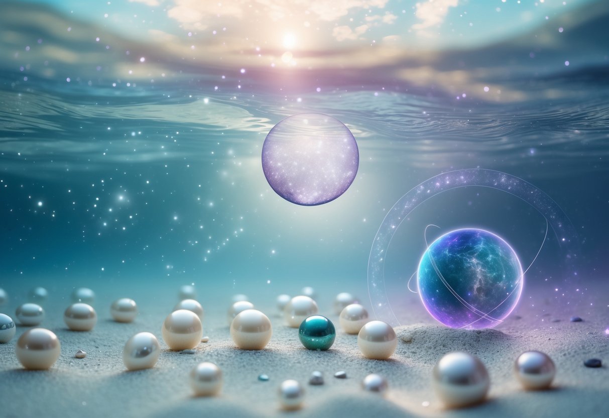 Подводный пейзаж с жемчугом и драгоценными камнями на песчаном дне океана, освещенный мягким светом, с едва заметными космическими элементами на заднем плане.