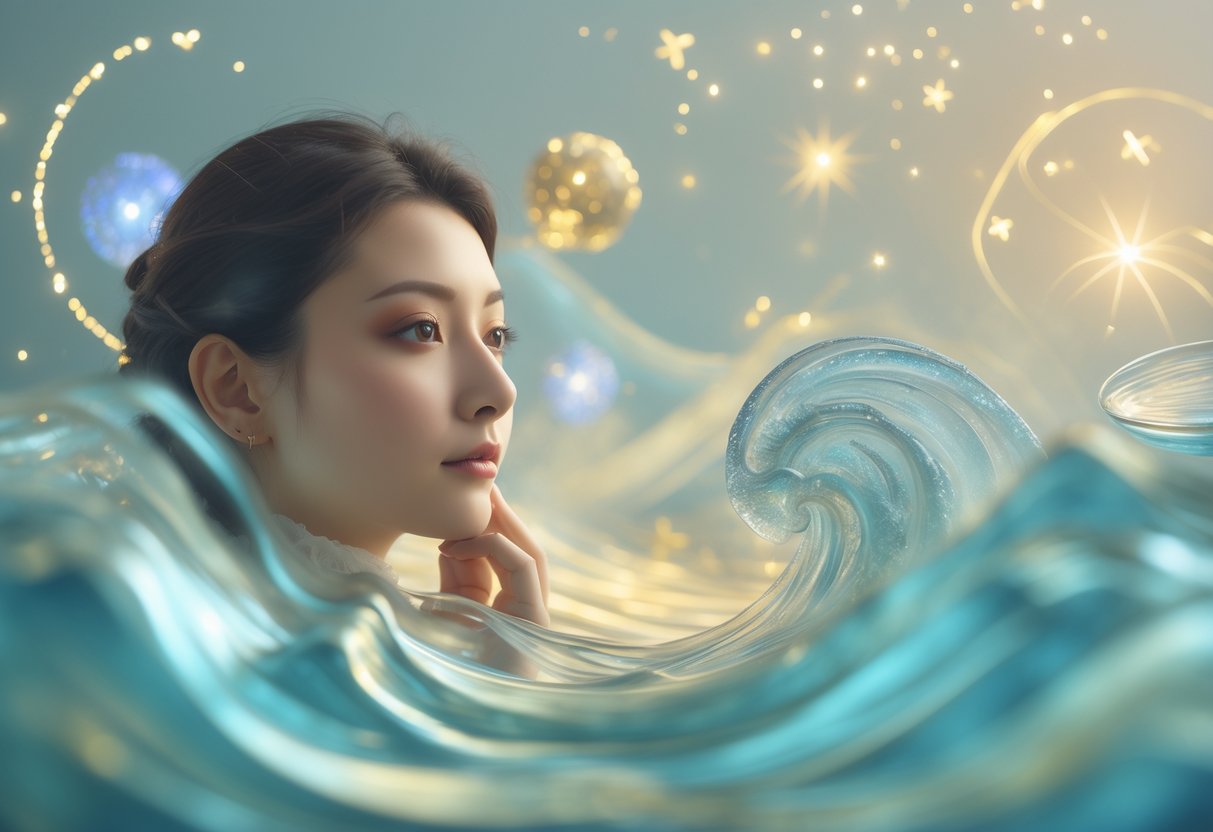 Спокойный человек в окружении текущей воды, звезд и мягкого свечения, символизирующий творчество, мечты и внутреннее руководство.