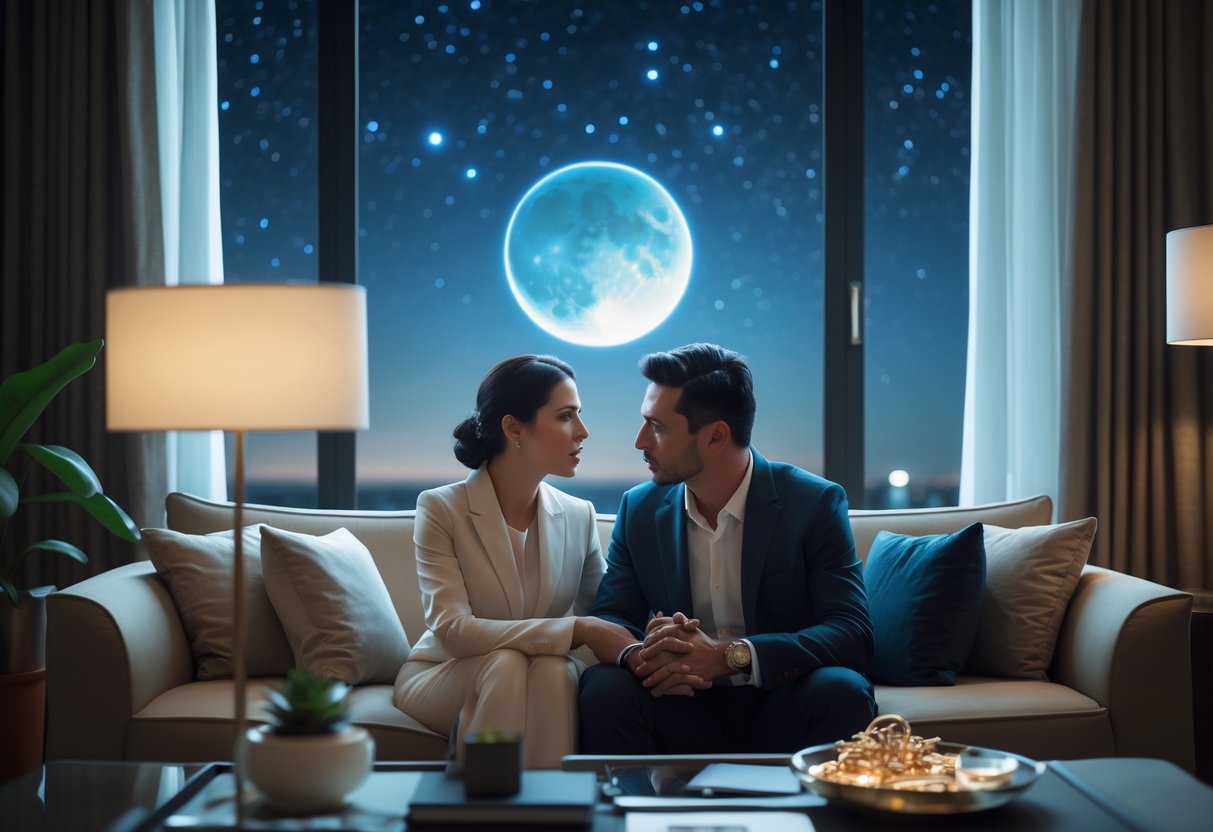 Пара ведет глубокую беседу в современной гостиной, на фоне ночного неба, за окном виднеется светящаяся планета Плутон.