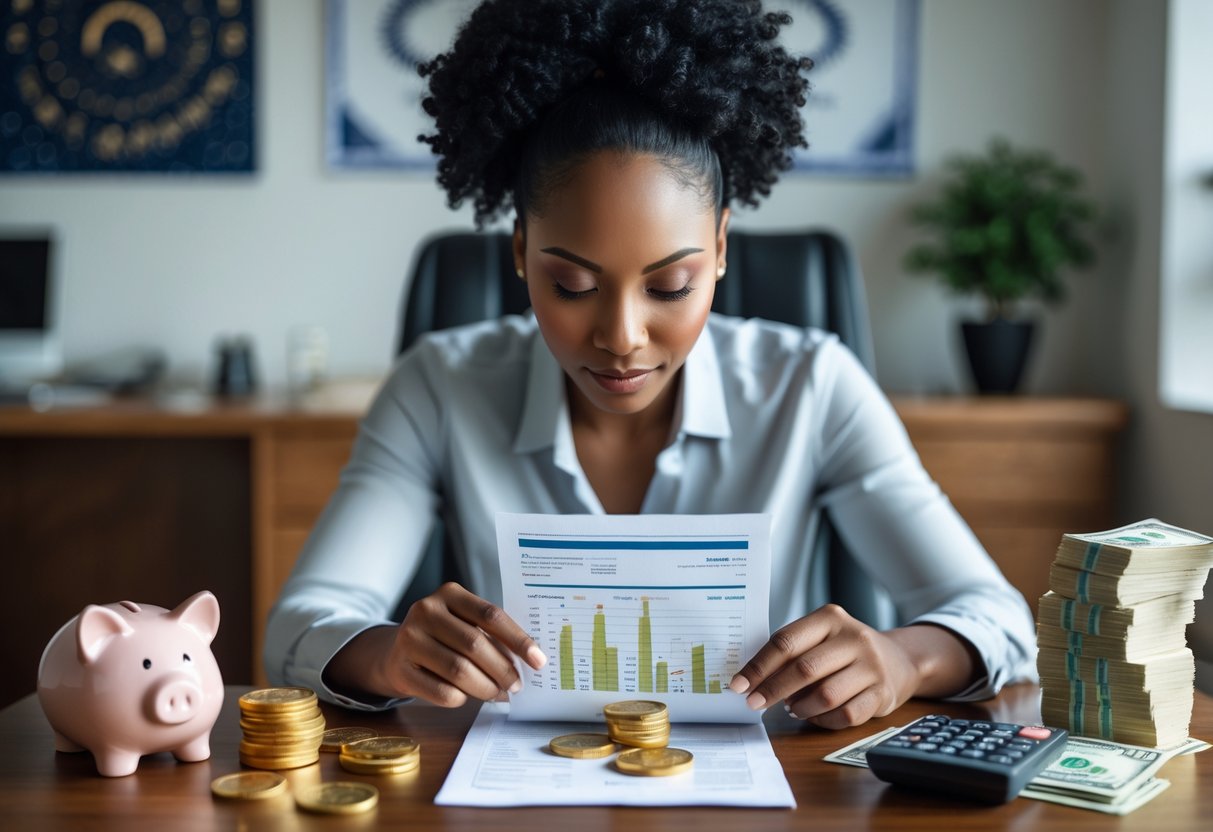 Человек рассматривает финансовые документы и монеты за столом, где находятся предметы, связанные с деньгами, в современном офисном помещении.