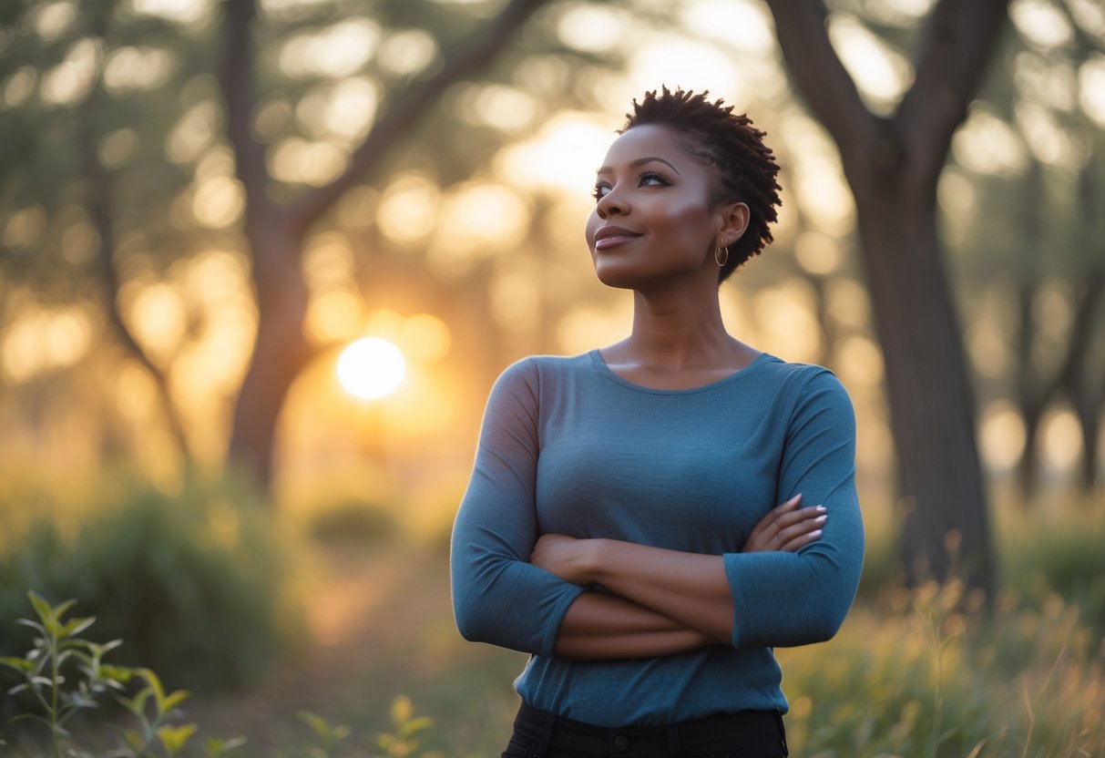 Уверенный в себе человек стоит на открытом воздухе при мягком солнечном свете, выглядя спокойным и сильным на фоне деревьев.