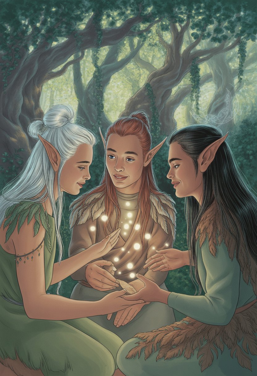 Elves gathered in a forest surrounded by tall trees and glowing lights, sharing a quiet moment together.