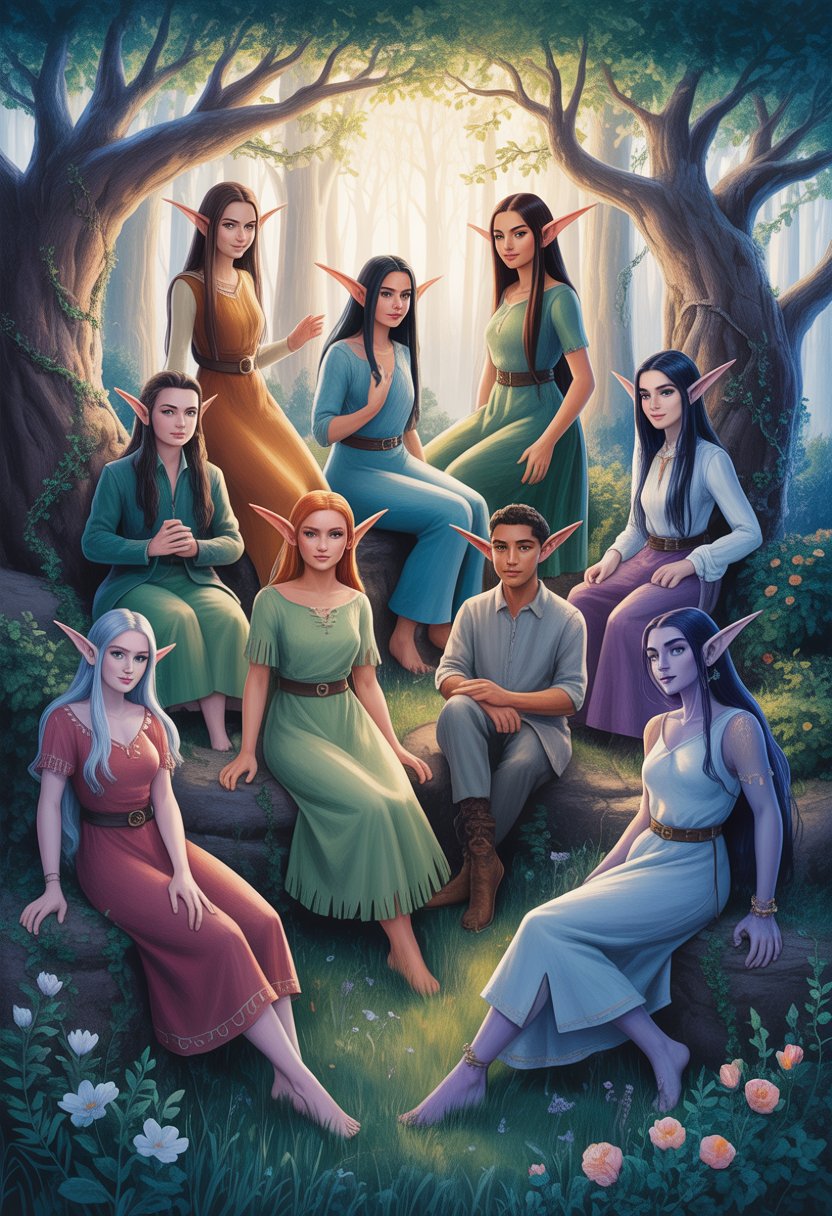 A group of ten elves standing and sitting in a magical forest surrounded by ancient trees and glowing plants.