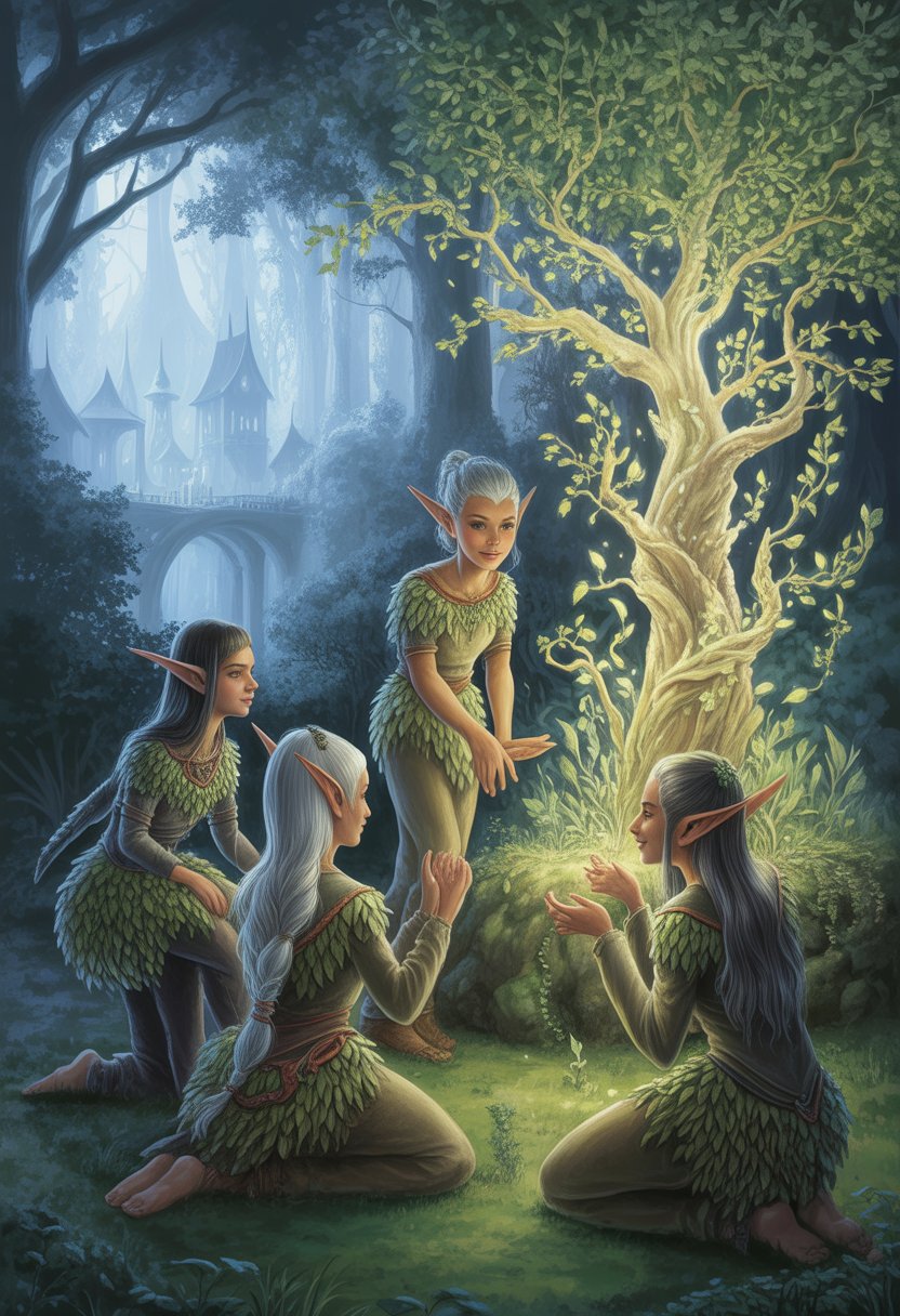 A group of elves with pointed ears standing near a glowing ancient tree in a peaceful forest, with a mystical elven village visible in the background.