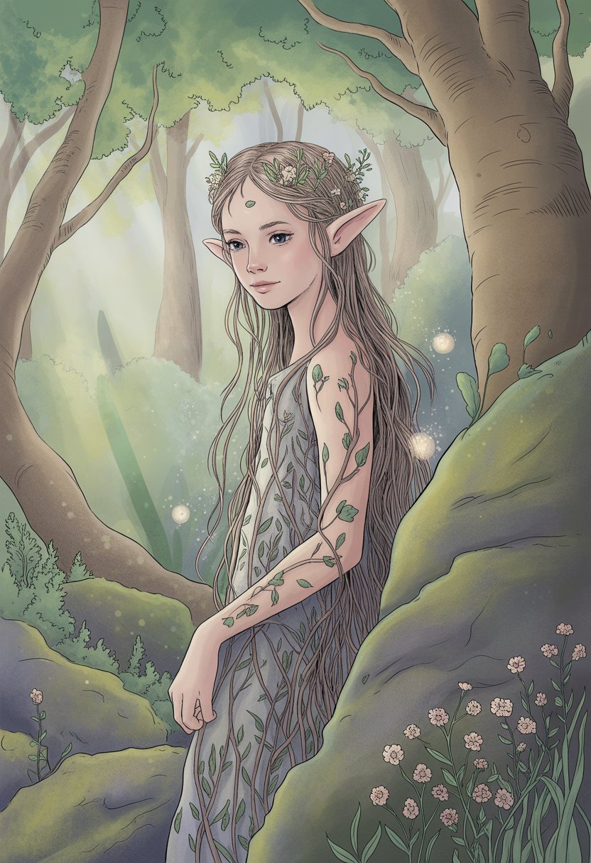 An elf girl standing gracefully in a lush forest surrounded by trees, flowers, and glowing magical orbs.