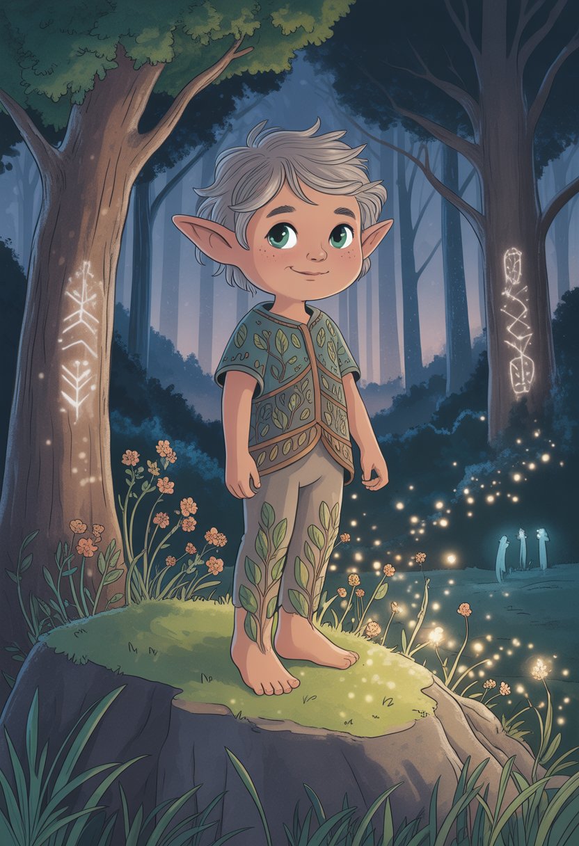 A young elf boy stands on a mossy rock in a glowing forest surrounded by tall trees and magical lights.
