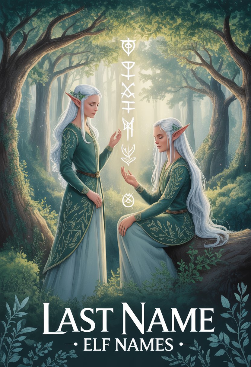 Elves in an enchanted forest surrounded by ancient trees and glowing magical symbols, representing elven family heritage.