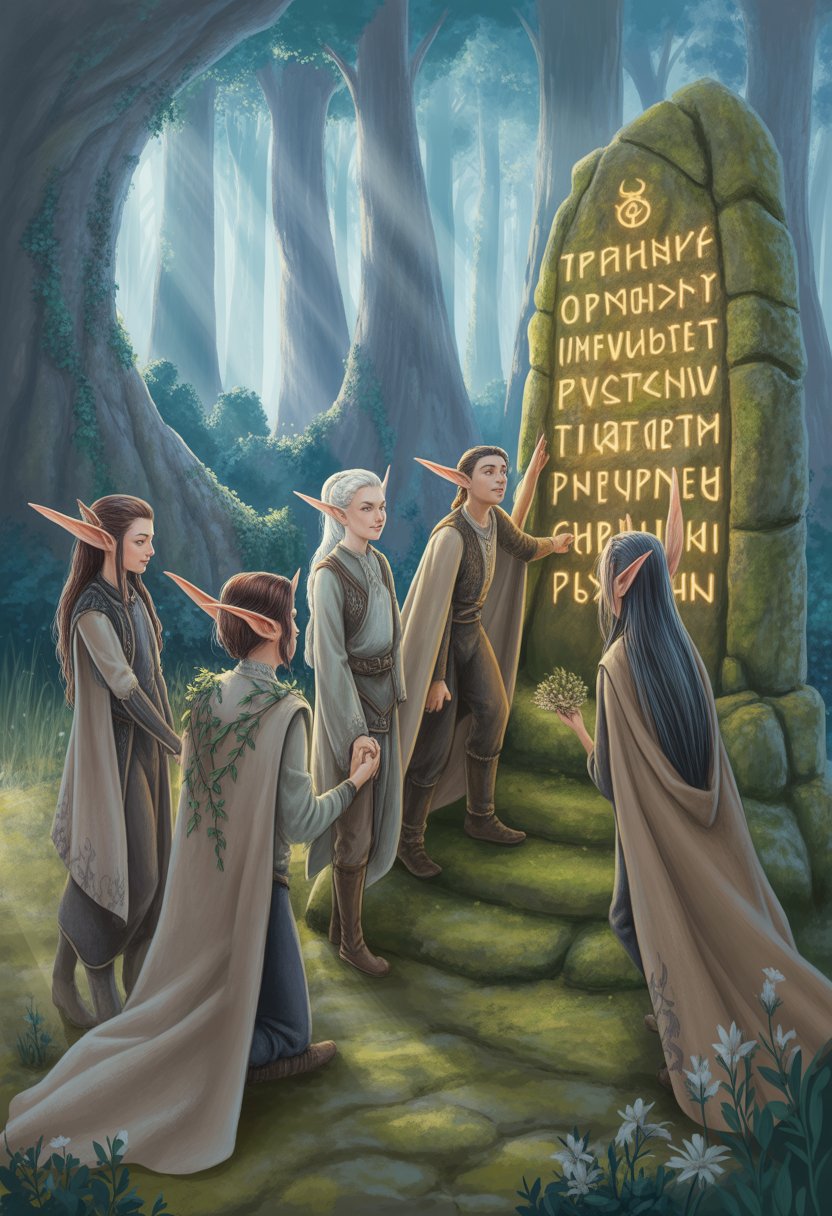 A group of elves standing around an ancient stone monument in a sunlit forest surrounded by tall trees.