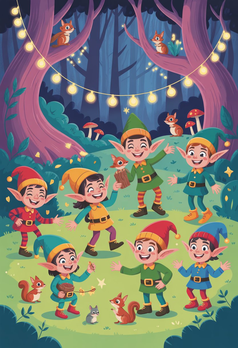 A group of playful elves in a forest clearing surrounded by trees, glowing mushrooms, and small animals, engaging in cheerful activities.