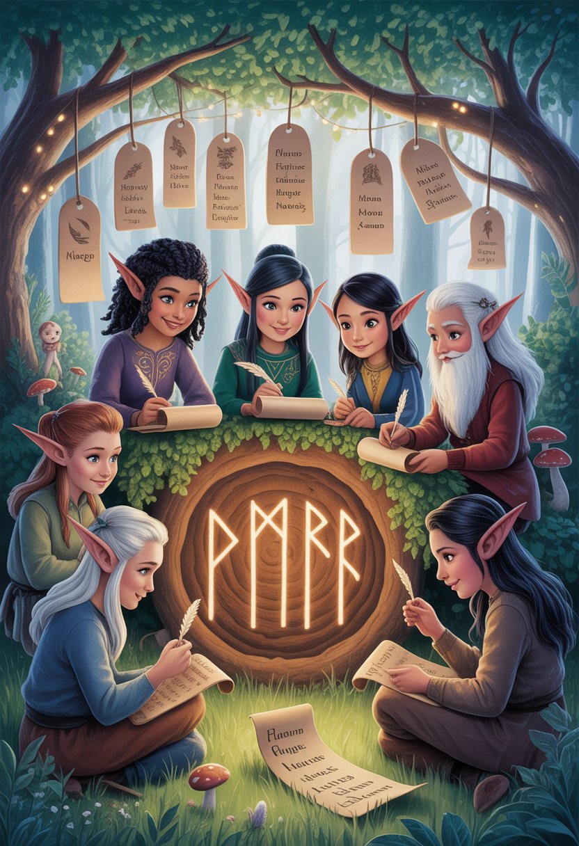 Elves gathered in a glowing forest around an ancient tree, discussing and writing down names with magical light filtering through the trees.