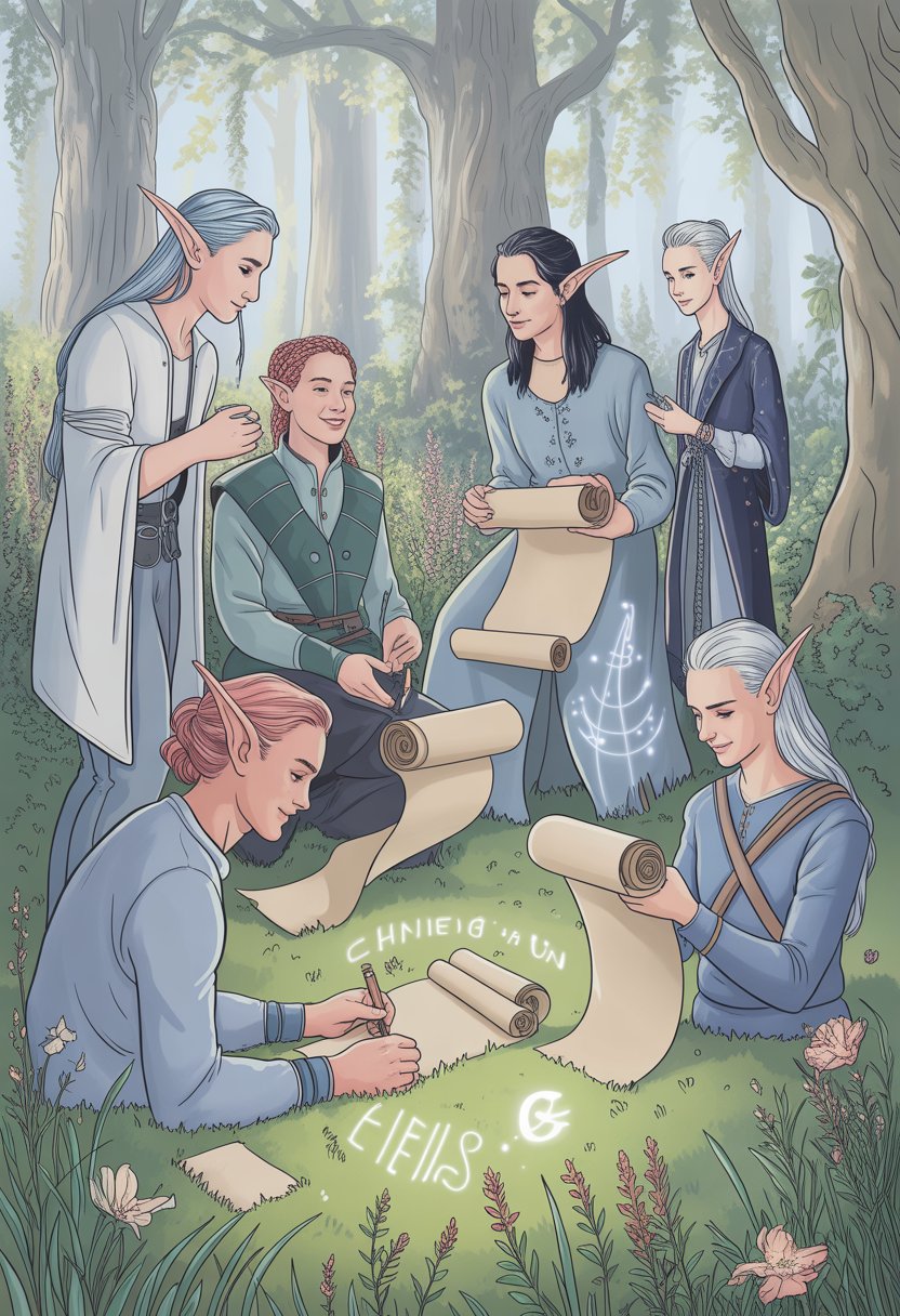A group of modern elves in a forest clearing, writing and sharing scrolls surrounded by trees and glowing magical lights.