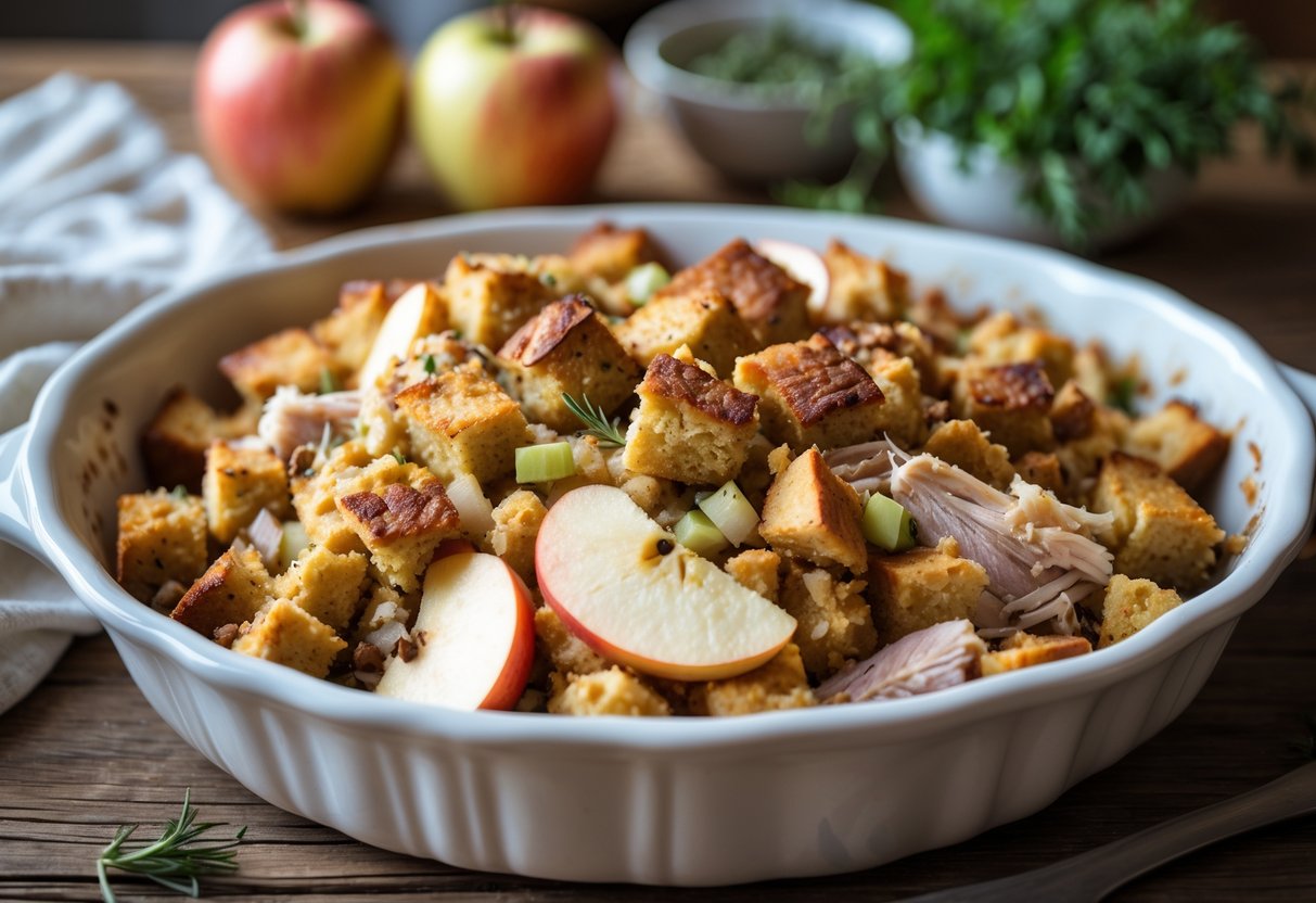 A dish of cornbread stuffing mixed with leftover turkey and sliced apples in a white baking dish on a wooden table.