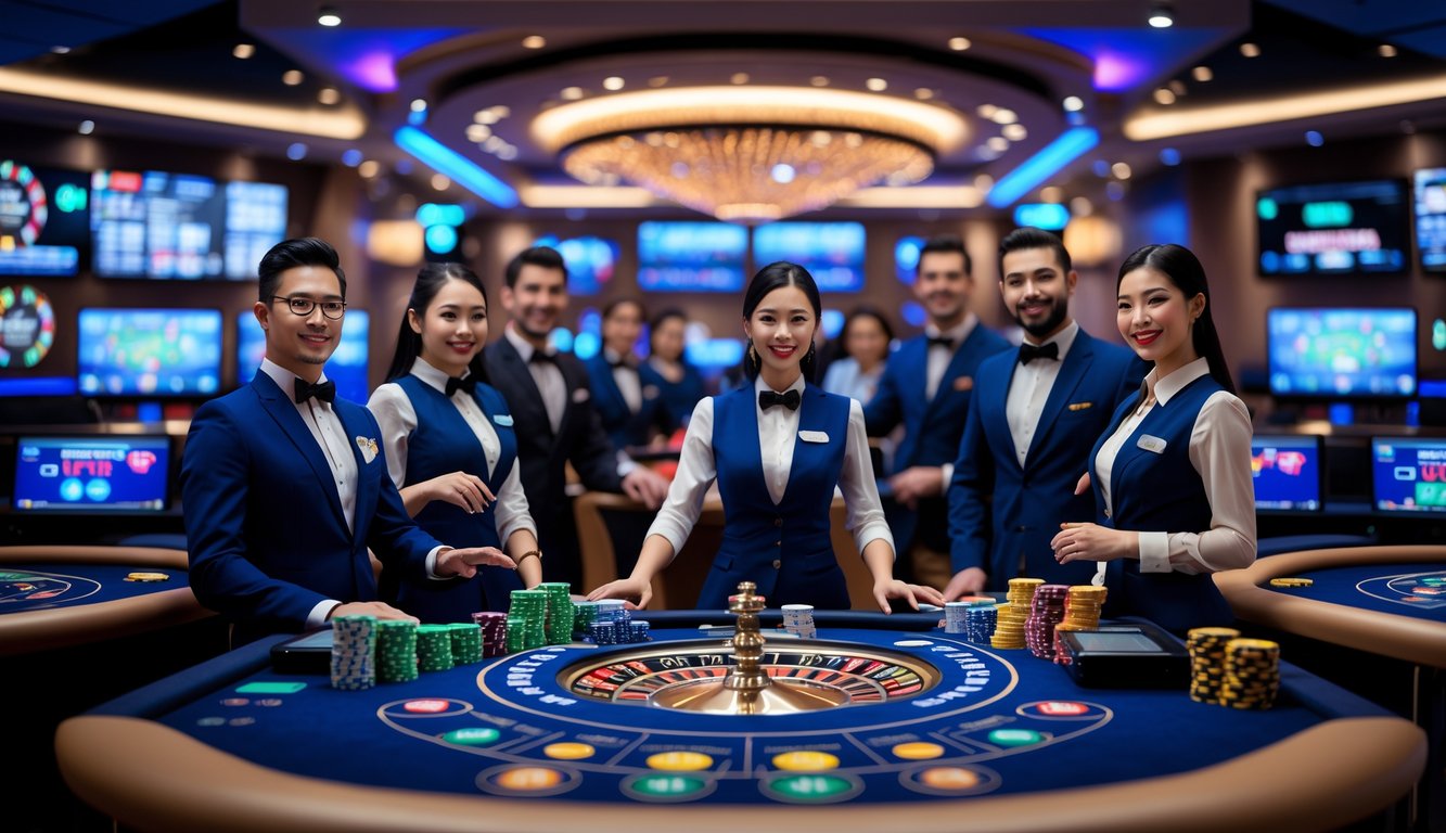 Seorang dealer kasino profesional sedang bekerja di meja permainan dengan peralatan kasino modern di lingkungan kasino online yang ramai.