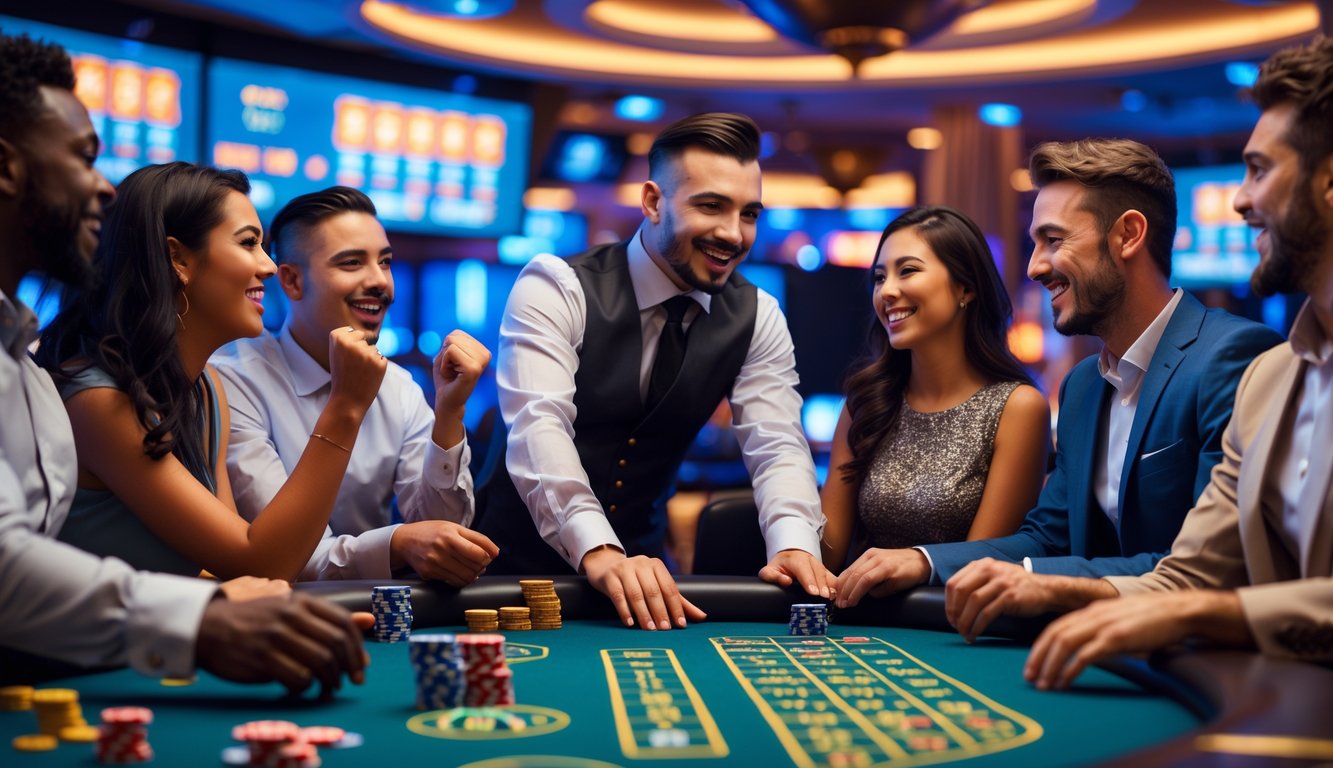 Suasana kasino langsung dengan dealer dan pemain yang sedang bermain di meja kasino, menampilkan interaksi dan fokus dalam permainan.