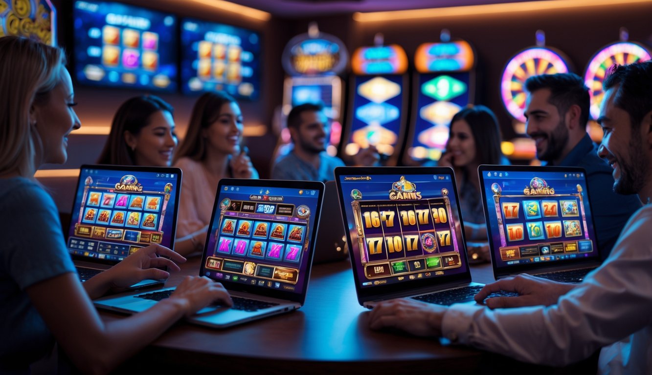 Beberapa orang sedang bermain game slot online menggunakan laptop, tablet, dan ponsel di ruangan yang nyaman dan terang.